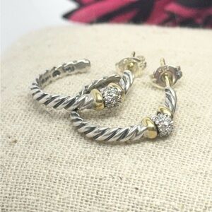 David Yurman Petite Diamond Ball Semi Hoop Earrings .925 / 18K Gold